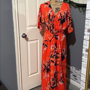 Vibrant Orange Wrap Style Floral Maxi Dress